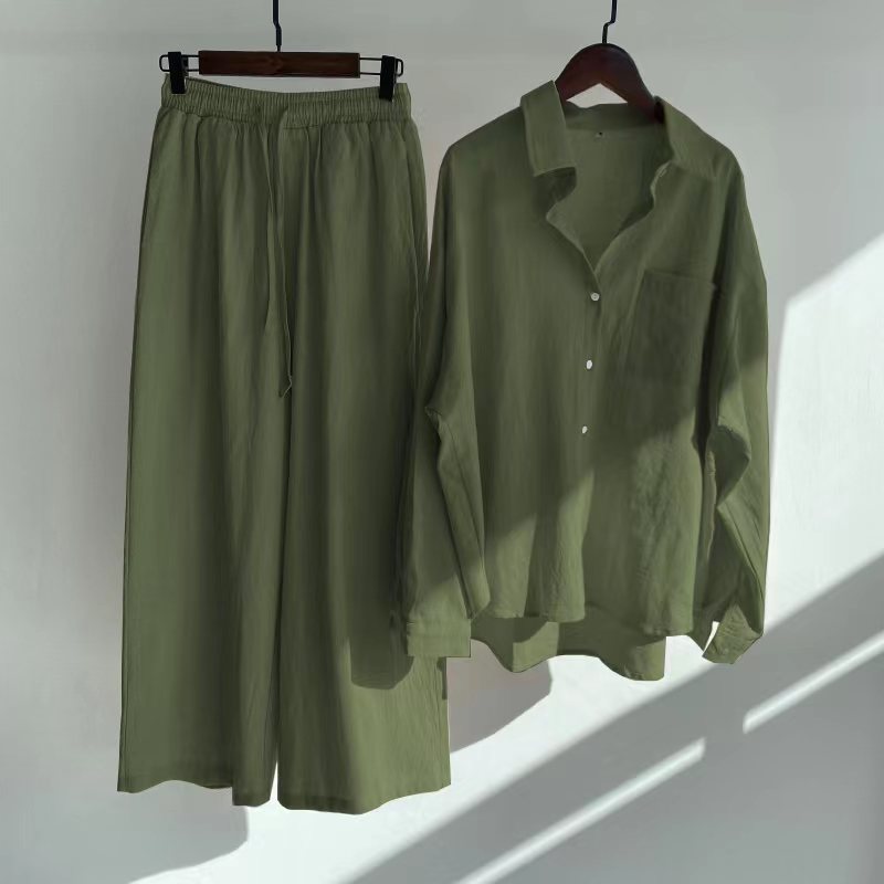 Chemise ample à manches longues pour femmes 2 pièces rétro grande taille coton lin tenue taille haute