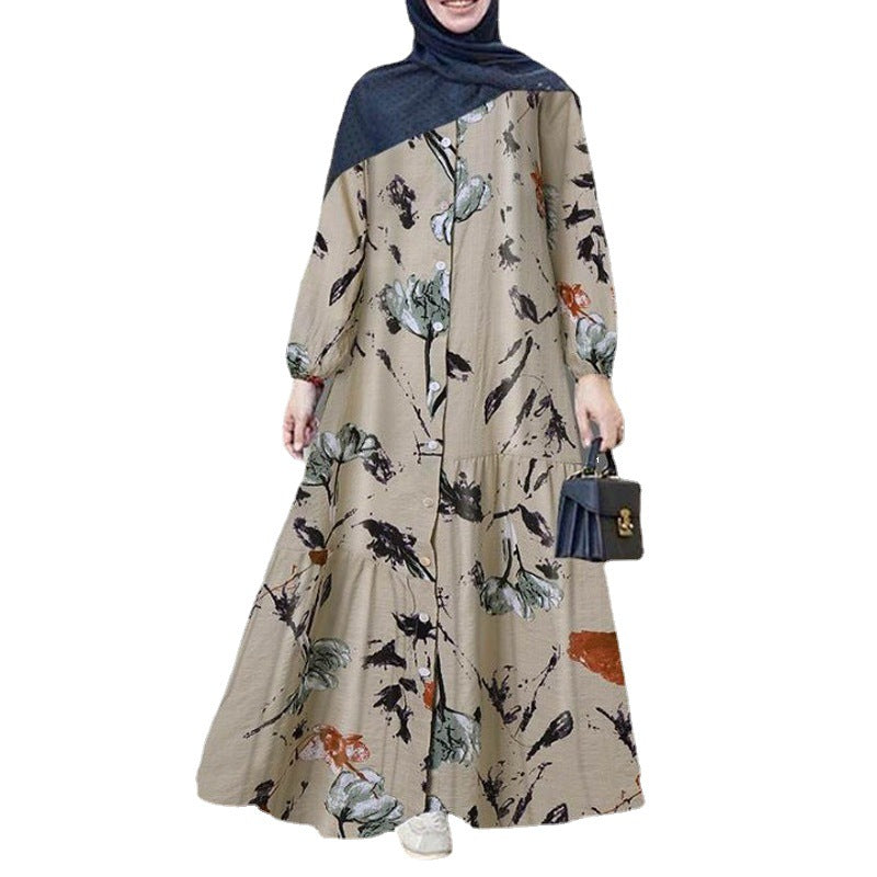 Muslim Cardigan Plus Size Women's Cotton Linen Long Sleeve Fashion Loose Casual Floral Dress
