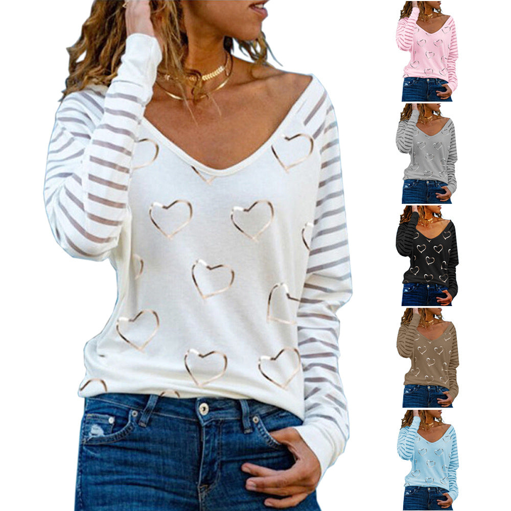 Women's Large Size V-neck Pullover Heart Printing Long-sleeved T-shirt