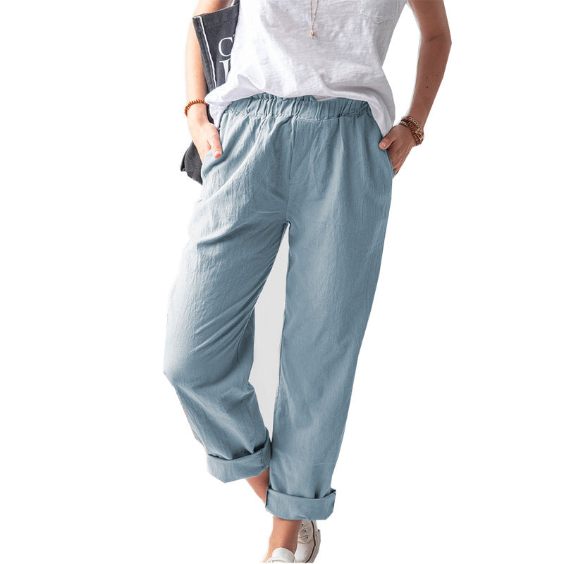 Damen Sommer Solide Urban Freizeit Farbe Lässige elastische Hose mit geradem Bein und hoher Taille