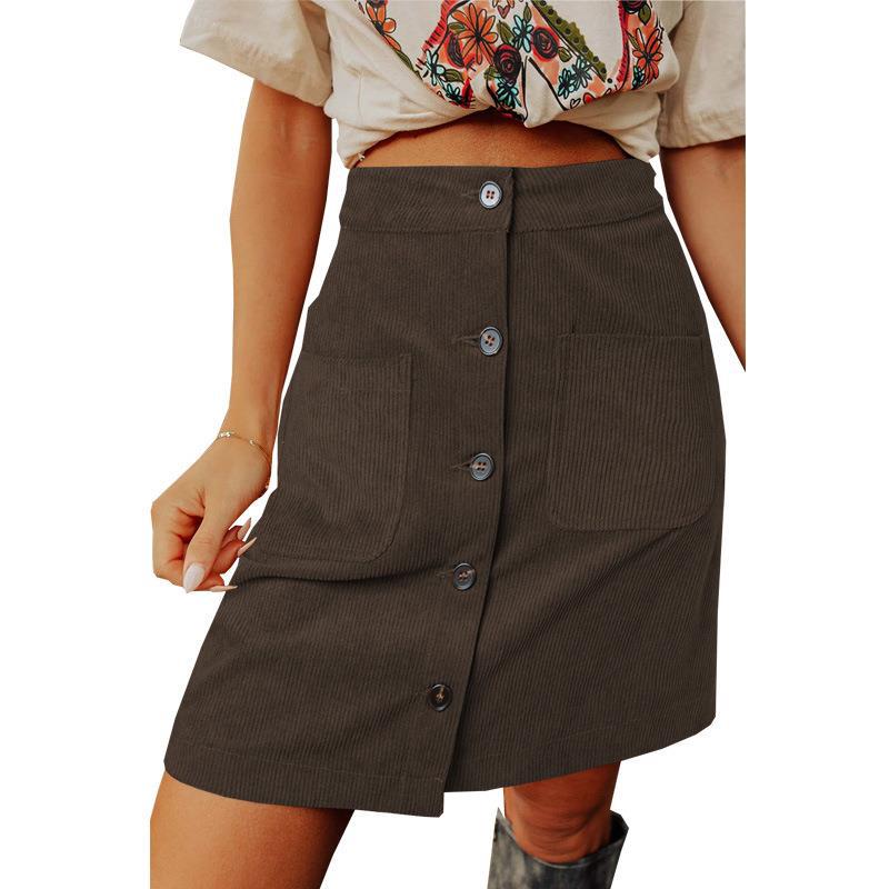 Distressed Corduroy High Waist Breasted Design Skirt