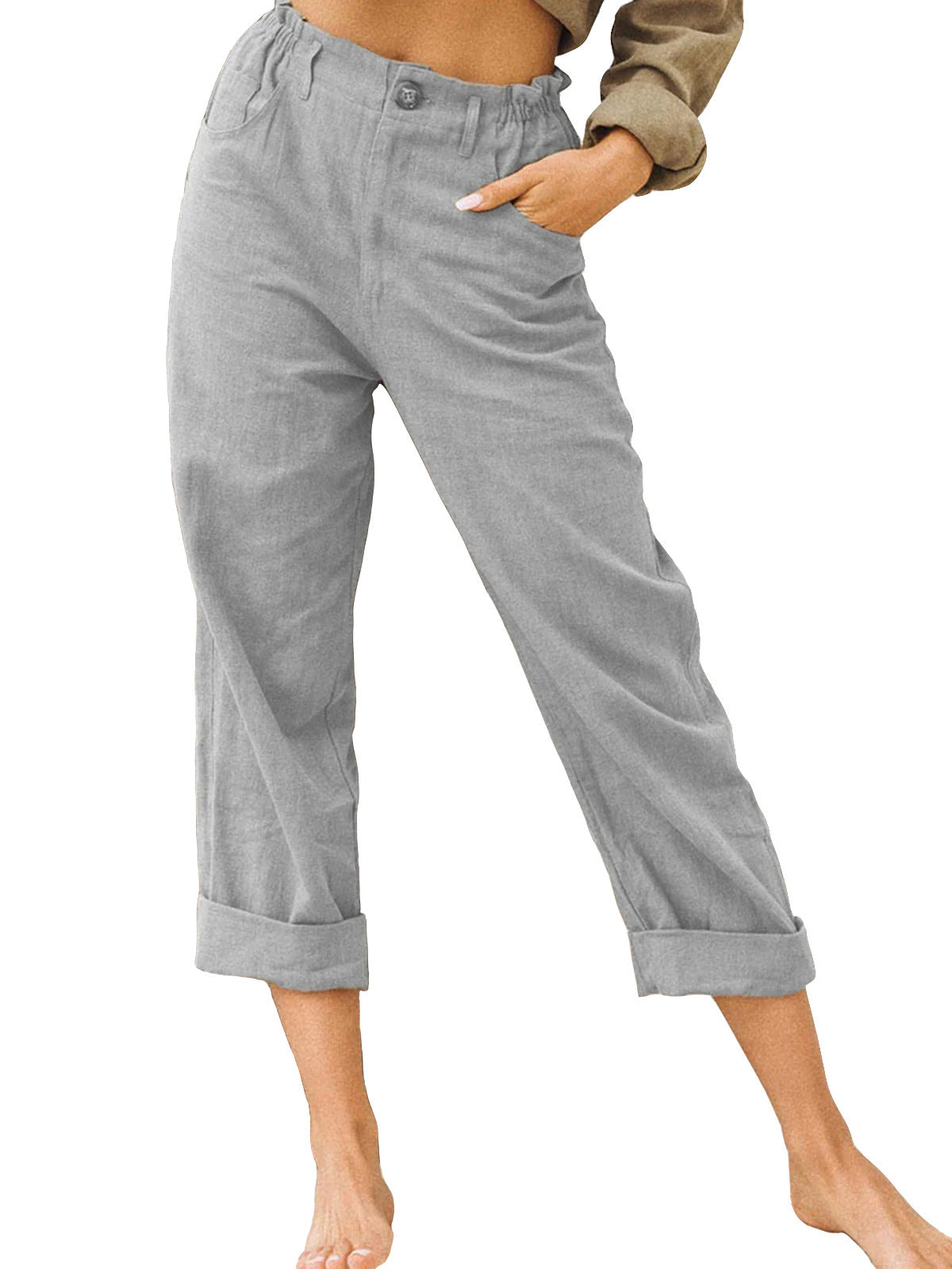 Women's Urban Leisure Summer Solid Color Cotton Linen Fashion Loose High Waist Casual Trousers