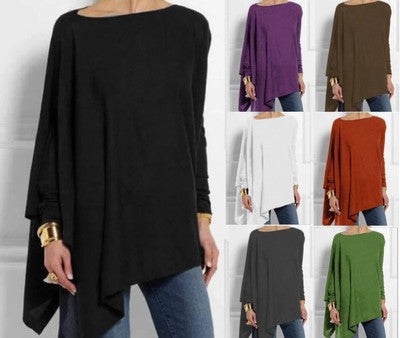 Long Sleeve Irregular Solid Color Pullover Round Neck T-shirt Casual Loose Top