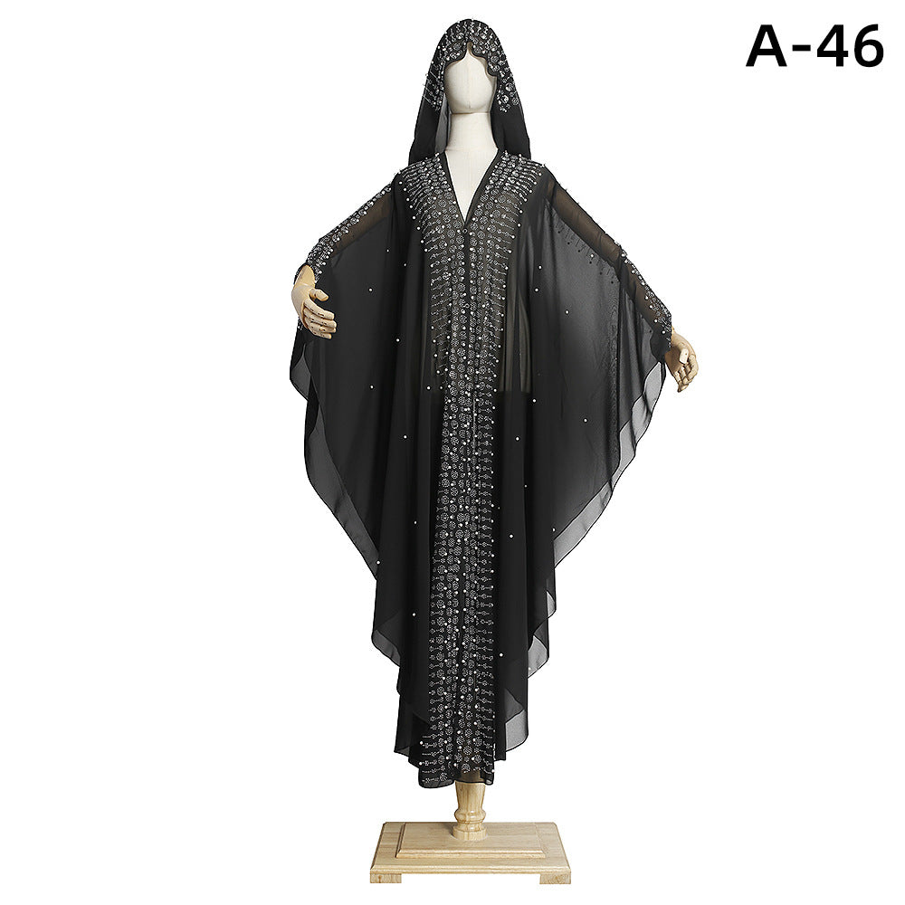 Robe à capuche musulmane à manches longues en dentelle brodée de perles Robe de grande taille pour femmes