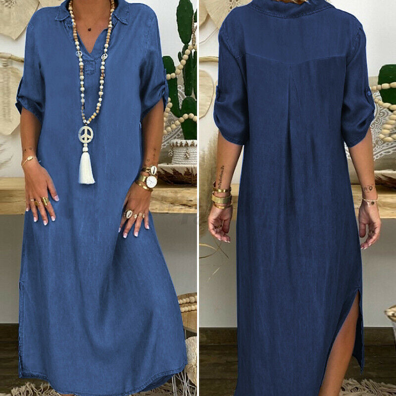 Plus Long Skirt Size Women's Denim One-piece Solid Color Dress