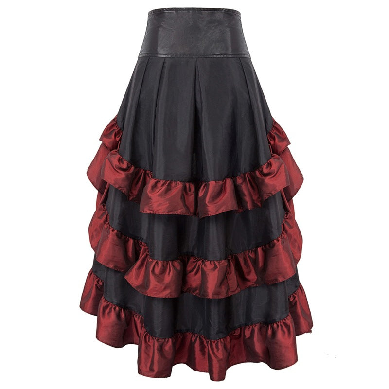 Retro Solid Color Short Long Back Irregular Ruffles High Waist Stitching Cake Women's Dress
