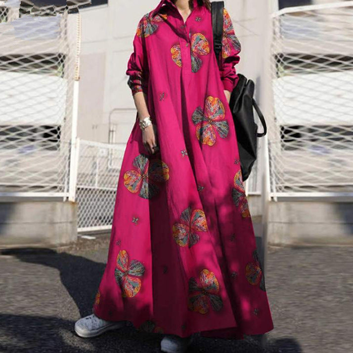 Herbst-Druck-Baumwoll-Leinen-Polo-Kragen-Retro-lockeres langärmliges Kleid mit großem Saum