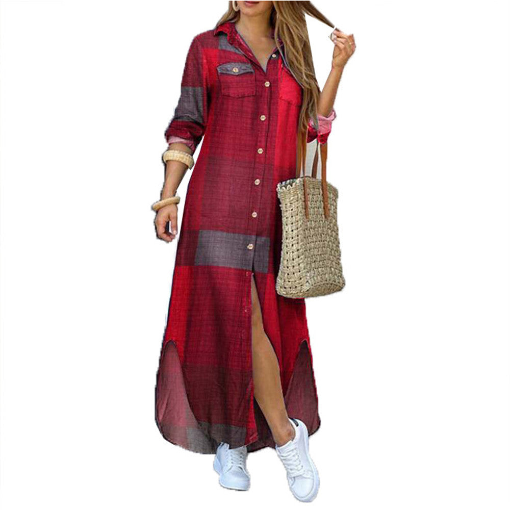 Damen Temperament Commute Herbst Einreihiges, bedrucktes, langärmliges Hemdkleid mit Revers