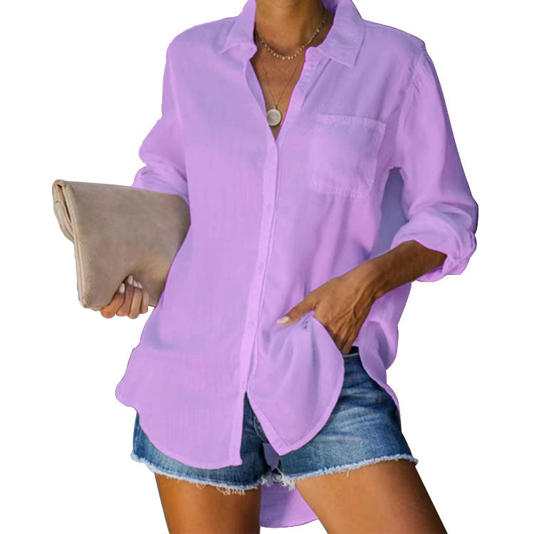 Camisa feminina de manga sólida feminina em tamanho grande casual de trespassado
