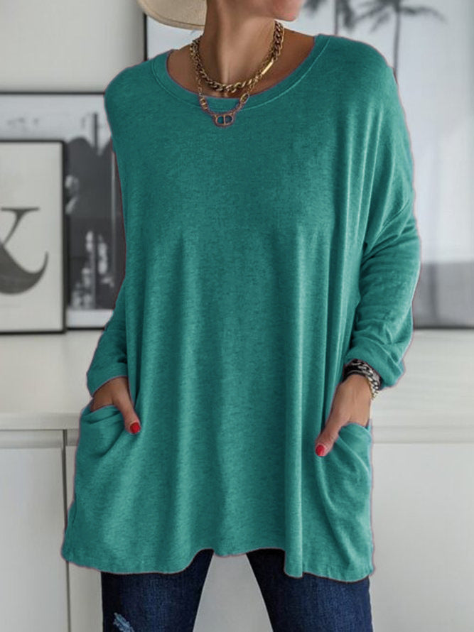 Round Pullover Neck Long Sleeve Loose Pockets Solid Color Casual Women's T-shirt