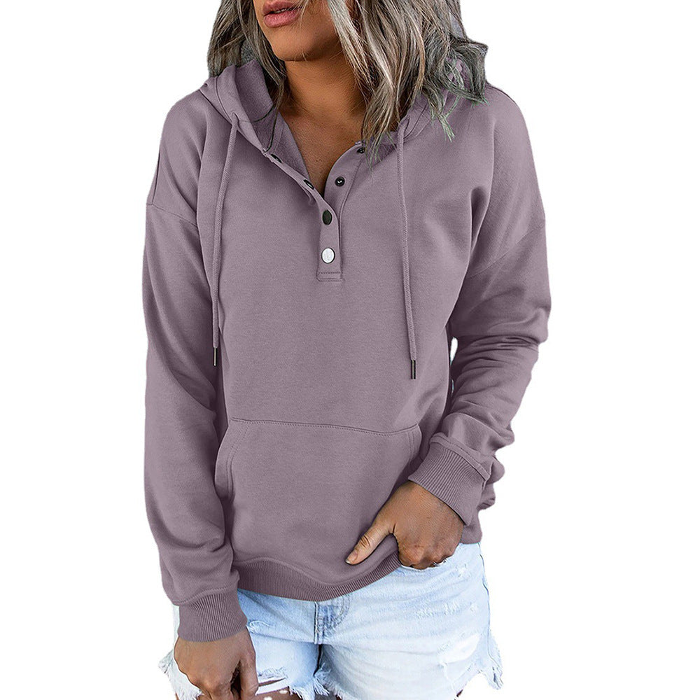 Women's Long Sleeve Loose Cotton Polyester Casual Hooded Drawstring Pocket Sweatshirt