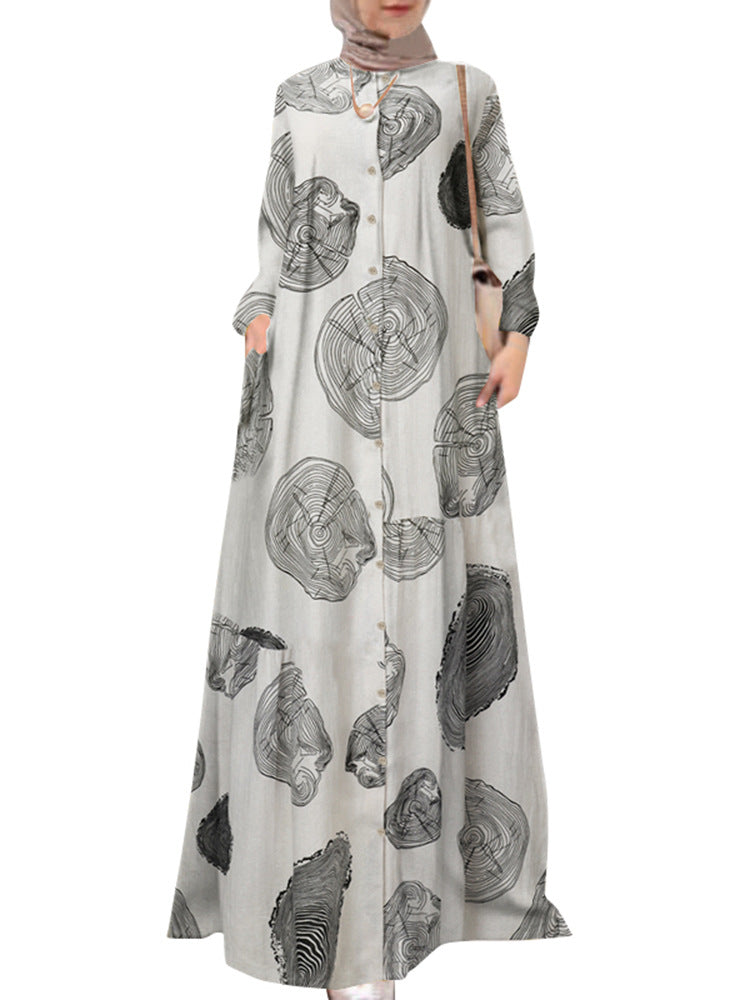 Baumwolle Leinen bedrucktes Hemd Muslim Plus Rundhalsausschnitt Lässige Retro Langarm Robe für Damen