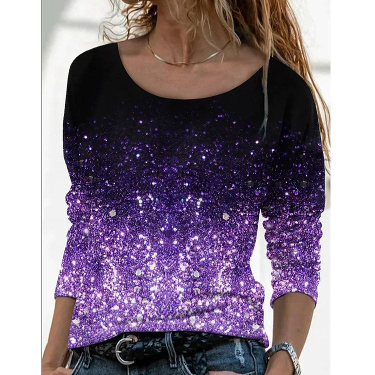 Women's Long Sleeve Loose Printing Neck Casual Pullover Print T-shirt