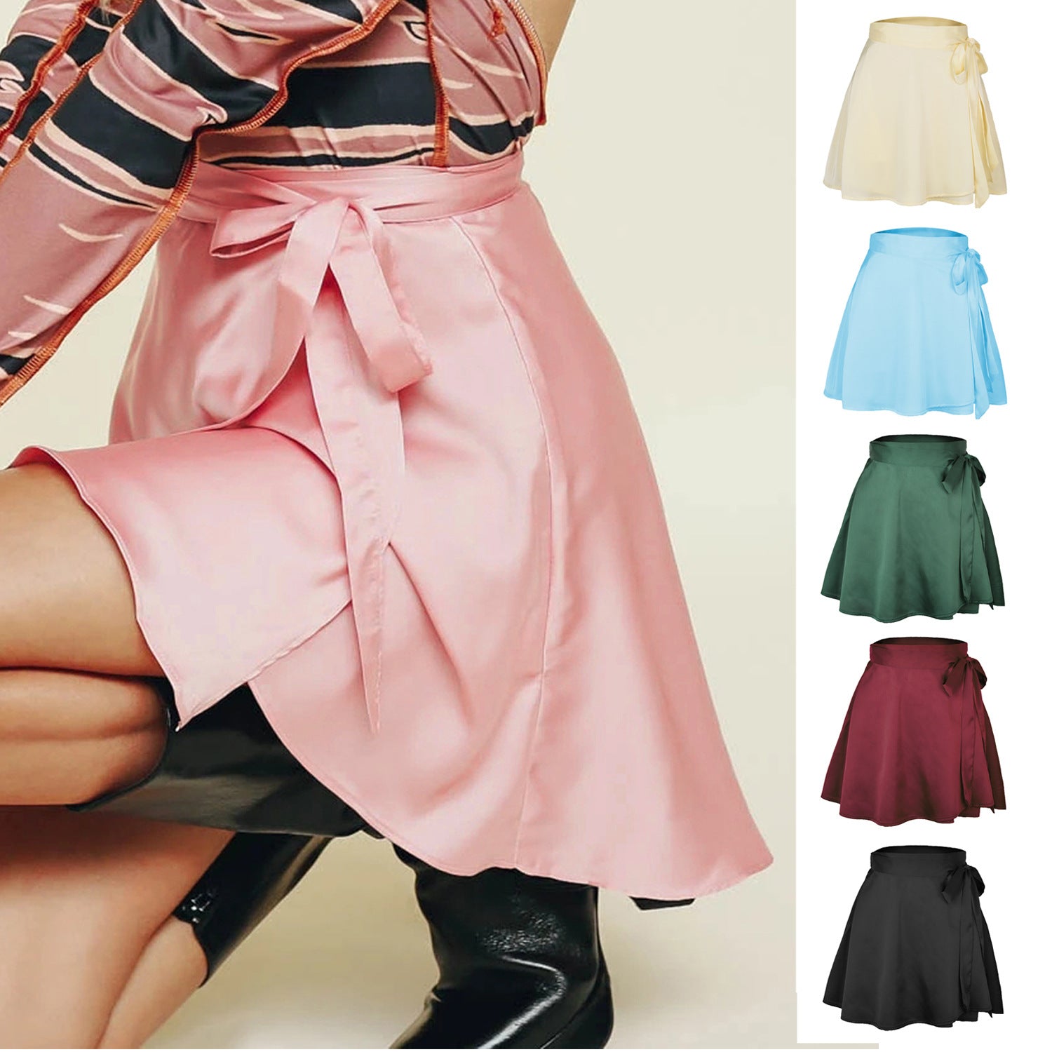 Summer Solid High Sweet Waist Fashion Lace-up Chiffon Satin Wrap Skirt