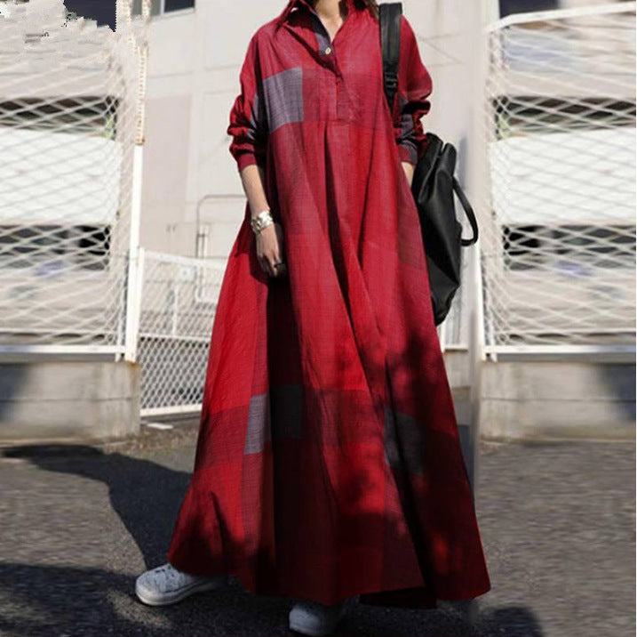 Autumn Fashion Cotton Linen Pullover Retro Printed Loose Long Sleeves Swing Dress