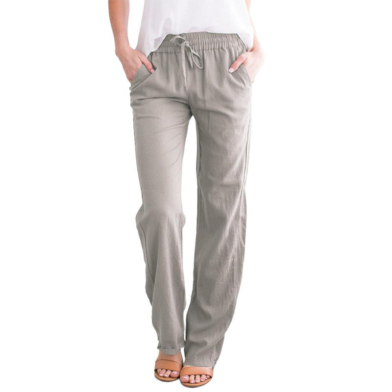 Pantalones de mujer Color sólido Lino de algodón Temperamento de cordones de algodón Alojes