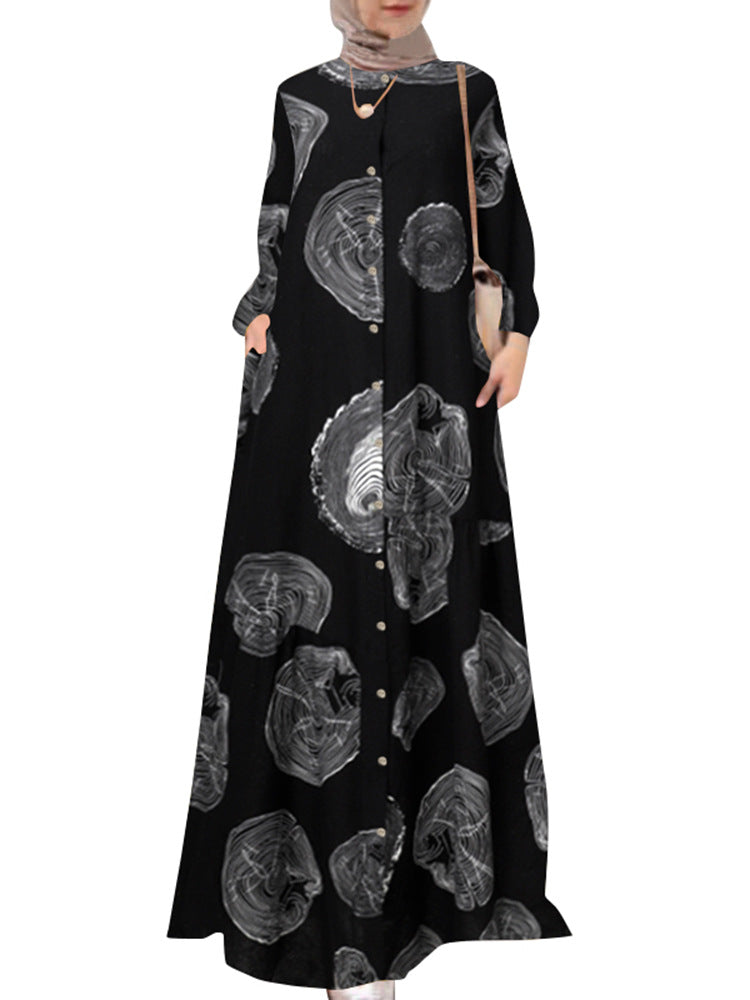 Chemise imprimée en lin de coton musulman plus col rond taille robe décontractée rétro à manches longues pour femmes