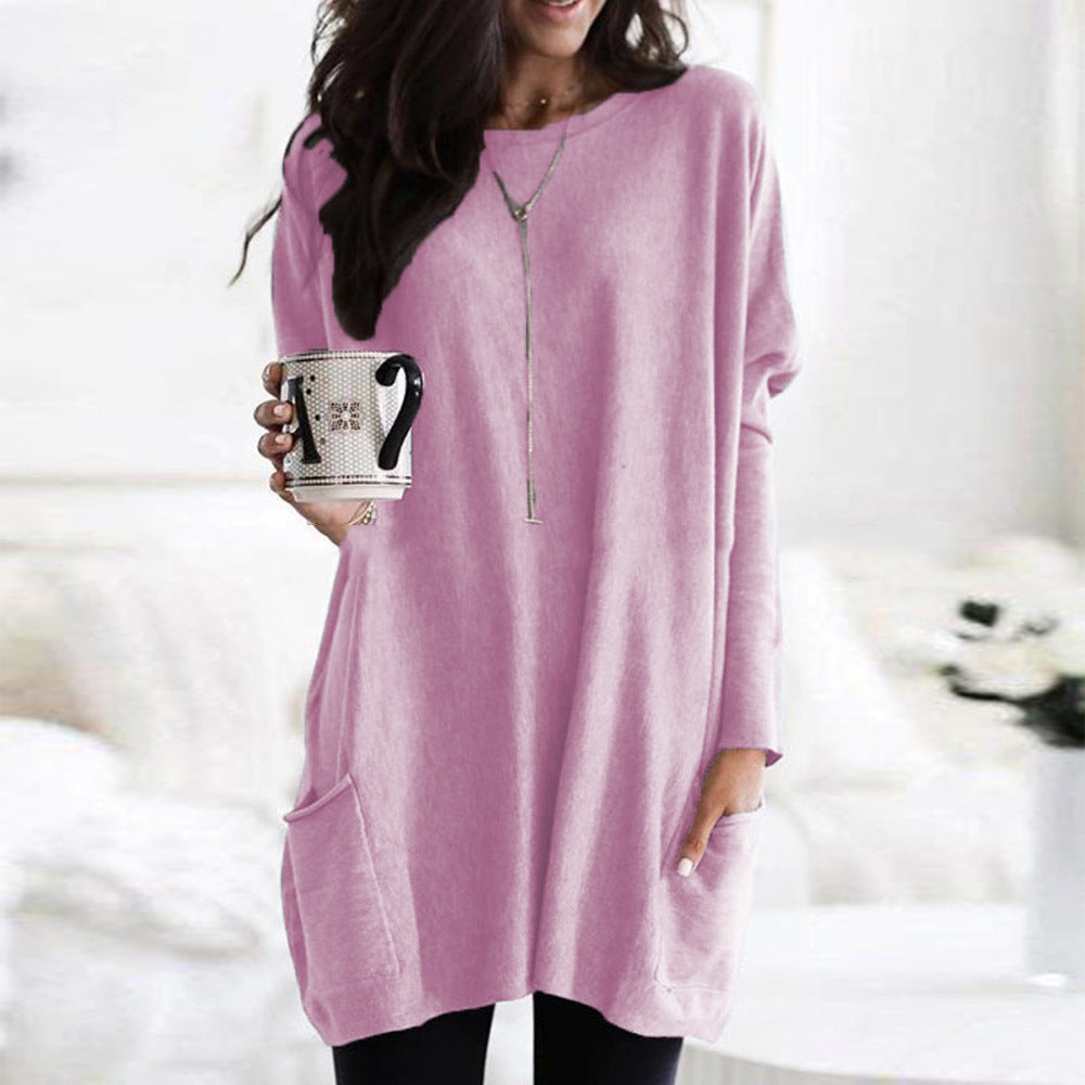 Pullover Women's Autumn Casual Round Neck Long Sleeve Pocket T-shirt Top