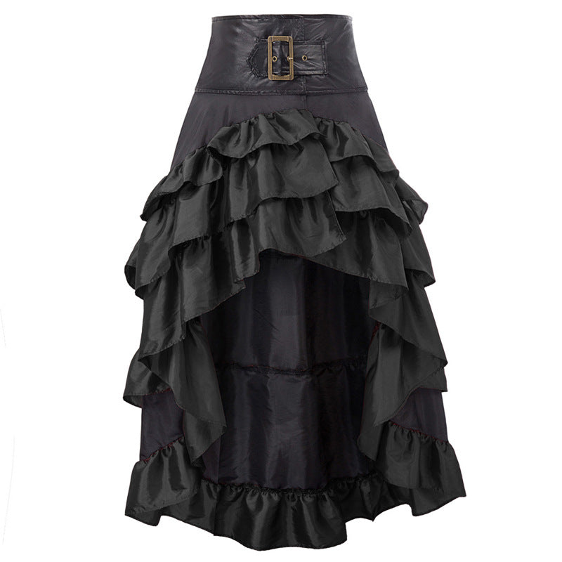 Retro Solid Color Short Long Back Irregular Ruffles High Waist Stitching Cake Women's Dress