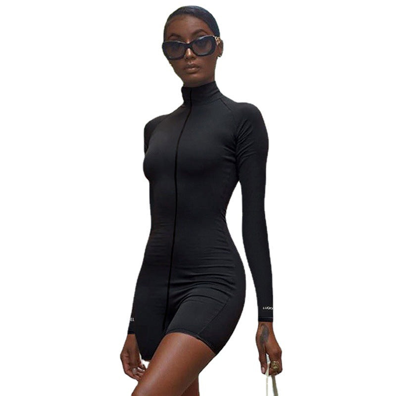 Women's Low Waist Zipper Stretch Turtleneck Embroidered Slim Fit Fitness Jumpsuit Yoga Suit