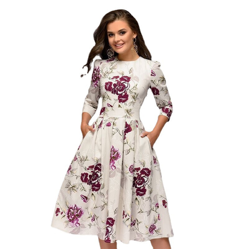 Women's Party Vintage Digital Printing Small Floral 3/4 Sleeve Round Neck Dress