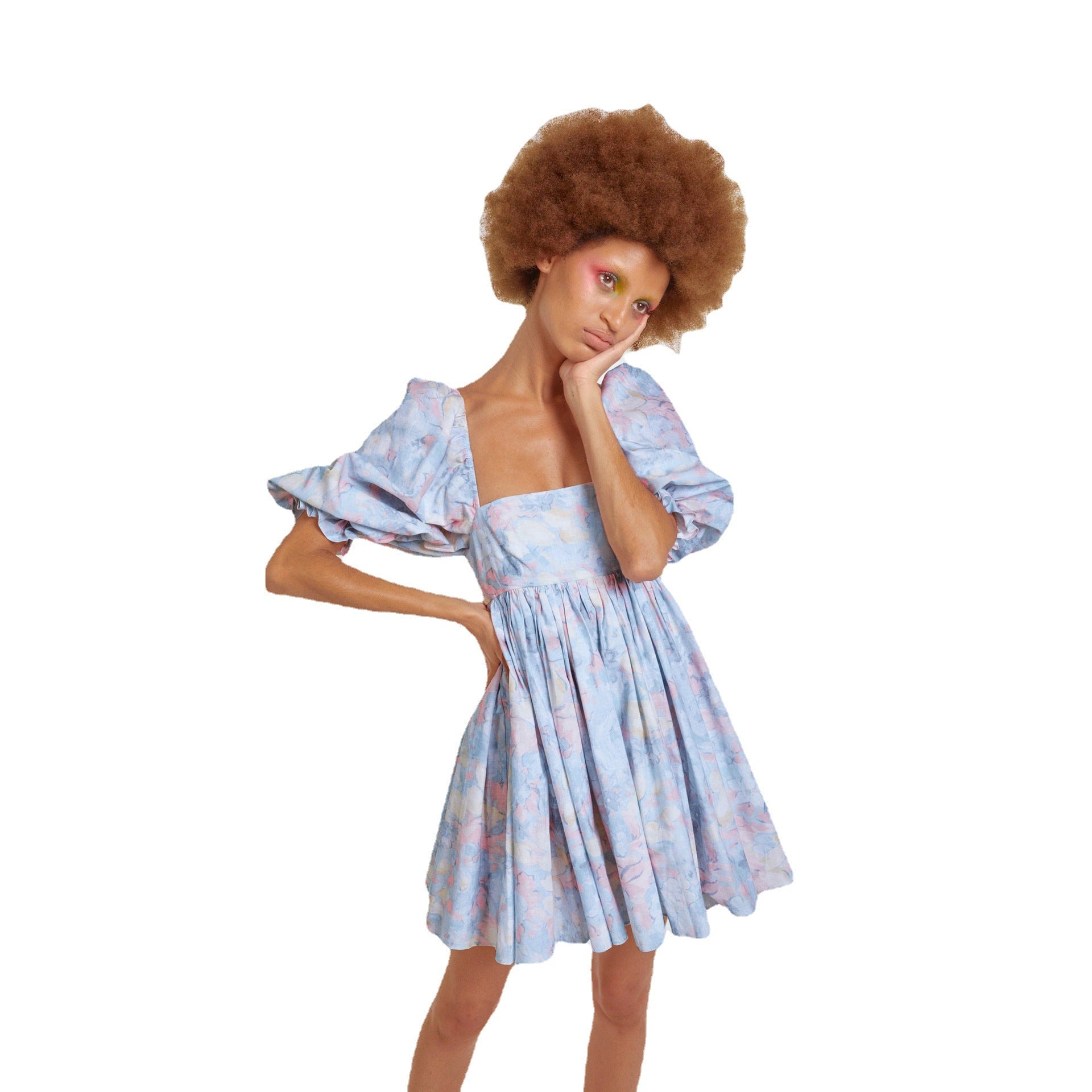 Fold Digital Printed Square Collar Lantern Short Sleeve Women's Backless Puffy Dress