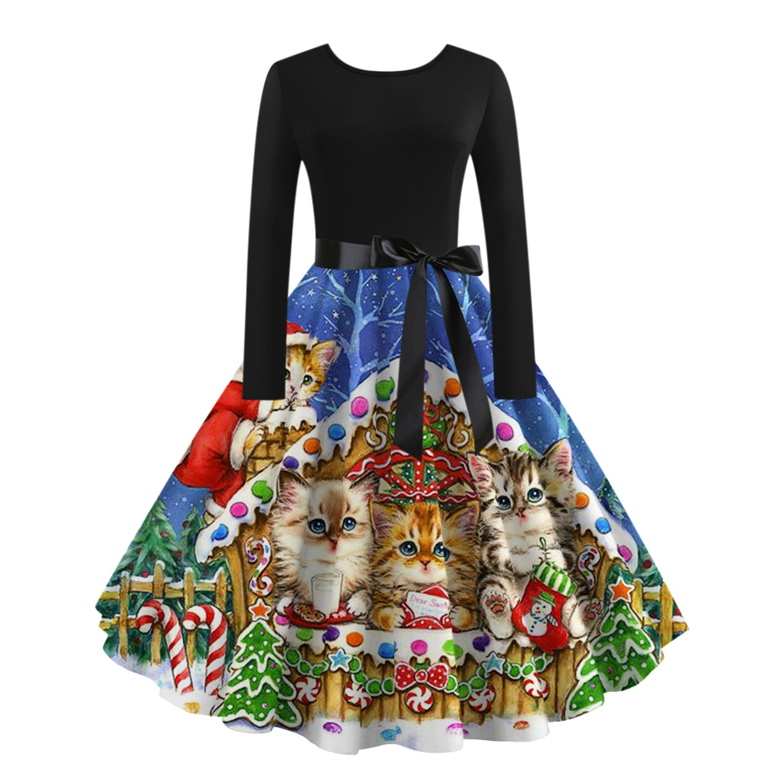 Kleid mit mittlerer Taille, Herbst, Retro-Weihnachtsfestival, bedruckt, mit Rundhalsausschnitt, langen Ärmeln und großem Saum