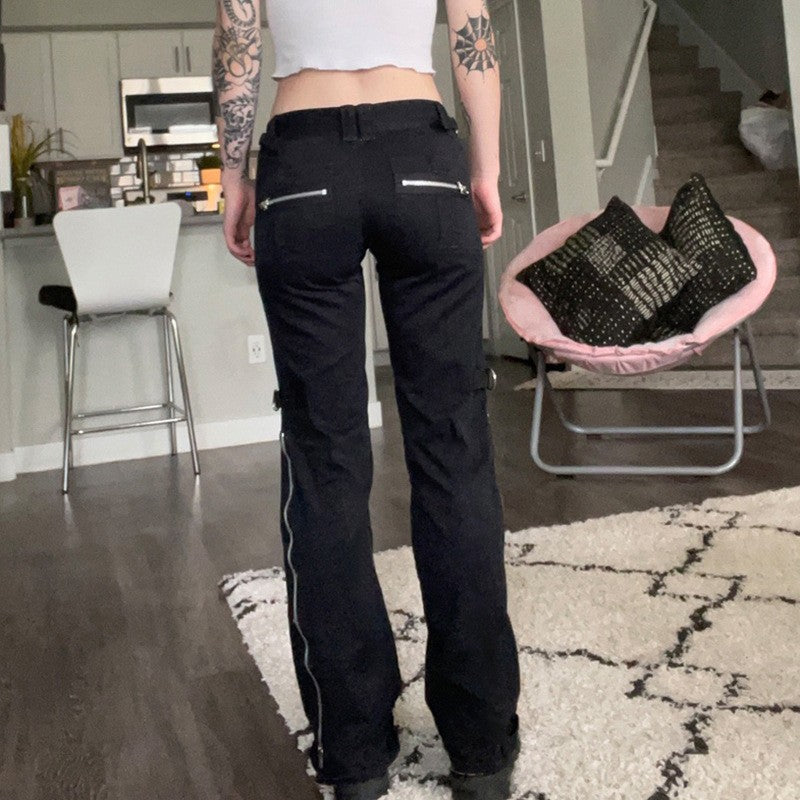 Trendy Street Hipster Cool Girl Taille Basse Fermeture Éclair Droite Minceur Jeans Automne Pantalon
