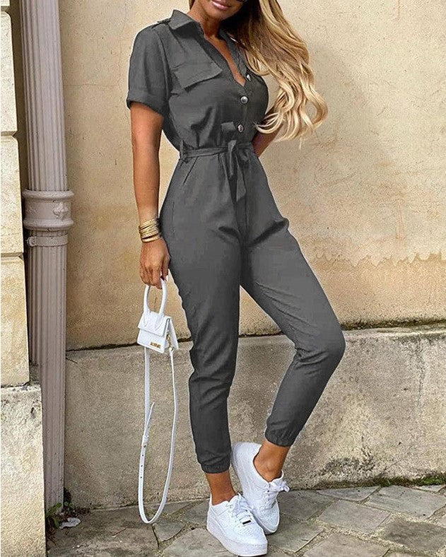 Jumpsuit Summer Women's Casual Polo Collar Printed Belt Casual Pants