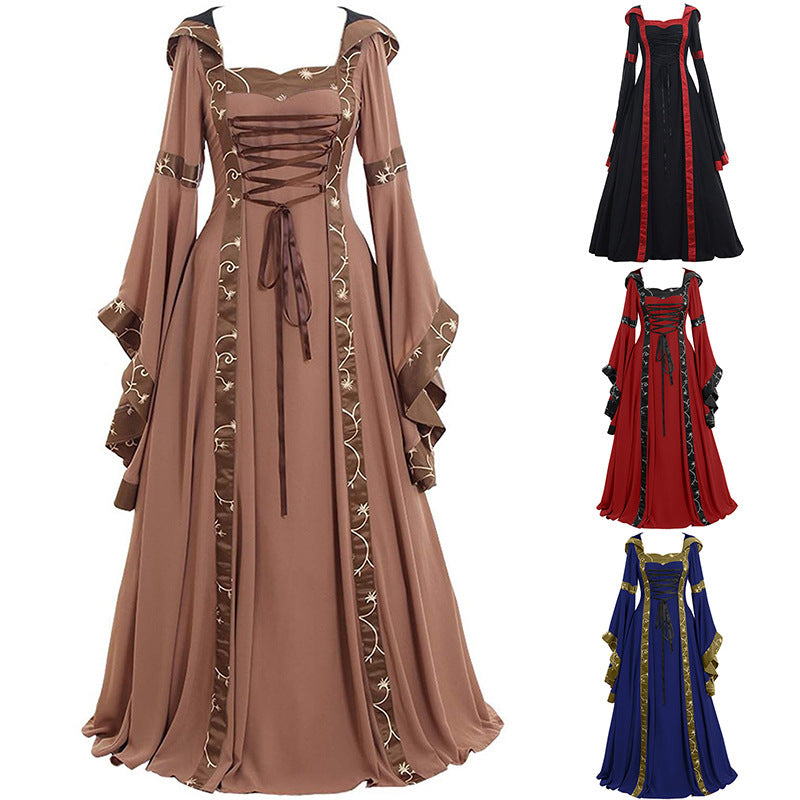 Robe modèle de base vintage pour femmes col carré taille en dentelle manches évasées Costume d'Halloween