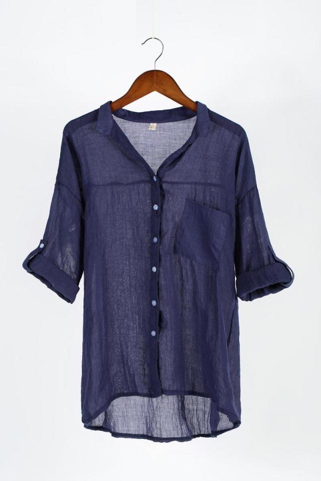 Summer Temperament Commute Fresh Loose Cotton Linen Three-quarter Sleeve Collar Women's Shirt