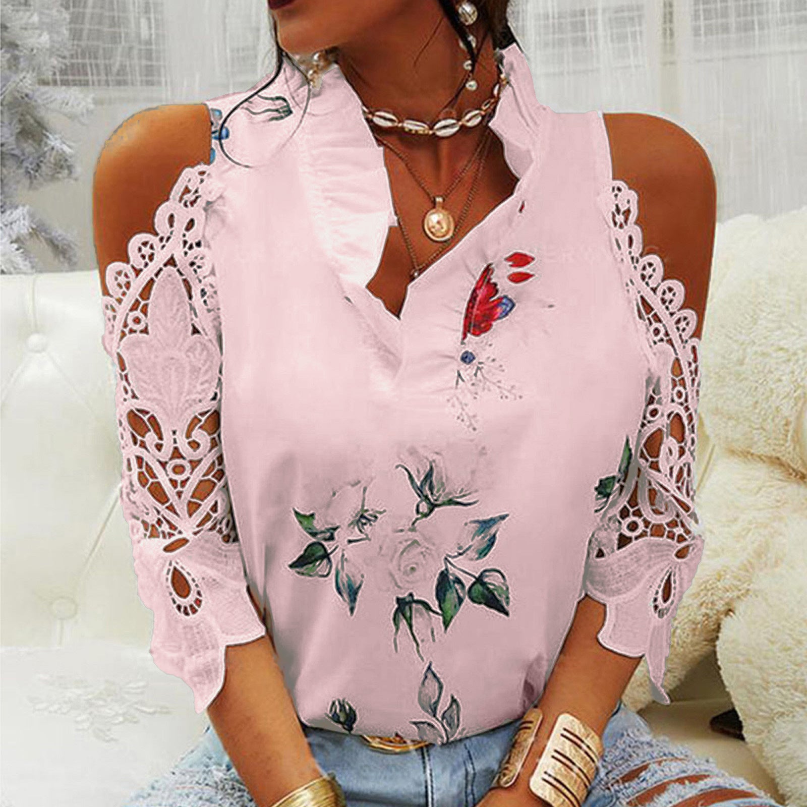 Prinha de flores feminina de verão fora do ombro Lace Street Hipster Camiseta de manga comprida