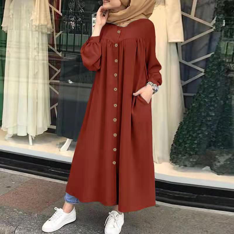 Muslimisches einfarbiges Damenkleid mit lockerer Taille, langen Ärmeln, Taschenknopf, Hemdkleid, lässige Robe