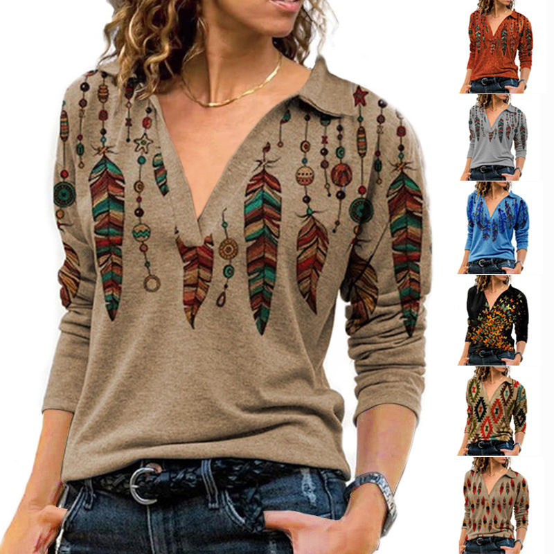 Damen Vintage Leisure bedrucktes Revers Langarm T-Shirt