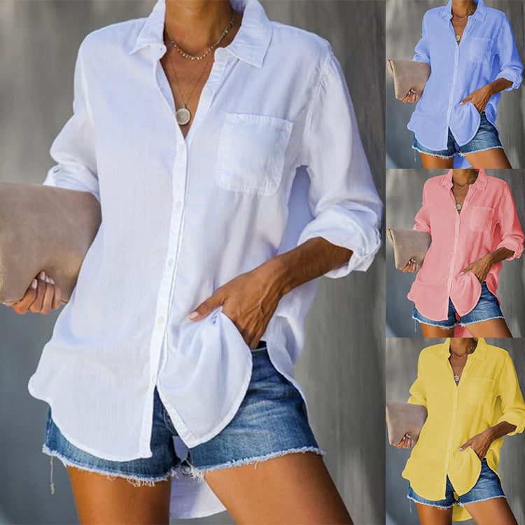 Chemise décontractée ample à manches régulières de couleur unie pour femmes