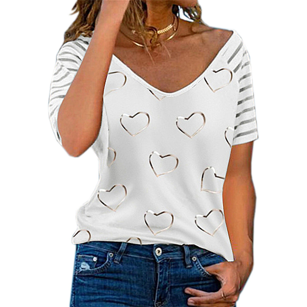 Large Size Women's Heart Milk Silk Printing Round Neck Short Sleeve T-shirt