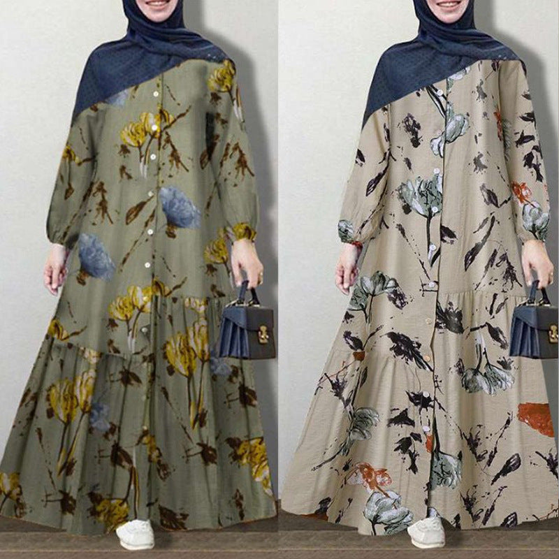 Cardigan muçulmano plus size linho de algodão feminino Moda longa moda vestido floral casual solto