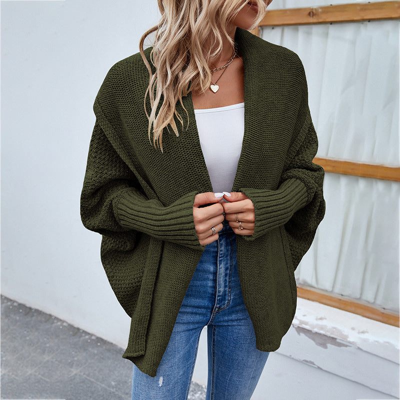 Women's Knitted Sweater Scarf Collar Solid Color Batwing Sleeve Cardigan Coat