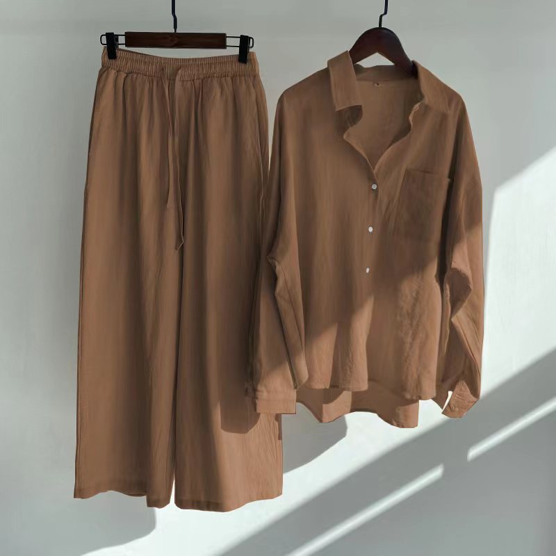 Long Sleeve Women's 2-piece Retro Plus Size Cotton Linen Outfit High Waist Loose Shirt