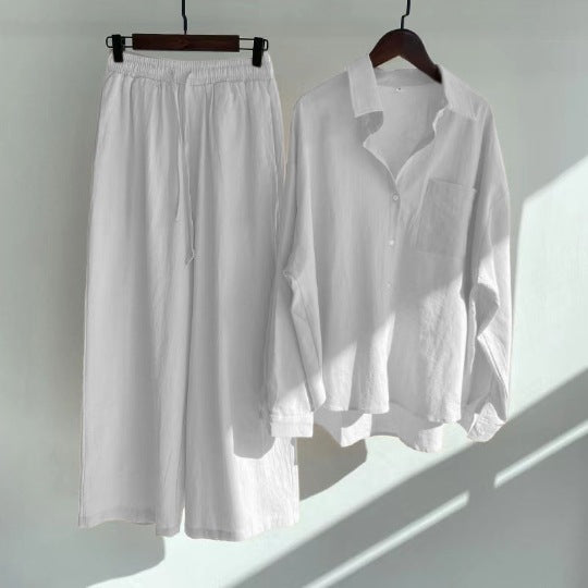 Langärmliges 2-teiliges Retro-Outfit aus Baumwollleinen in Übergröße für Damen mit hoher Taille und lockerem Hemd