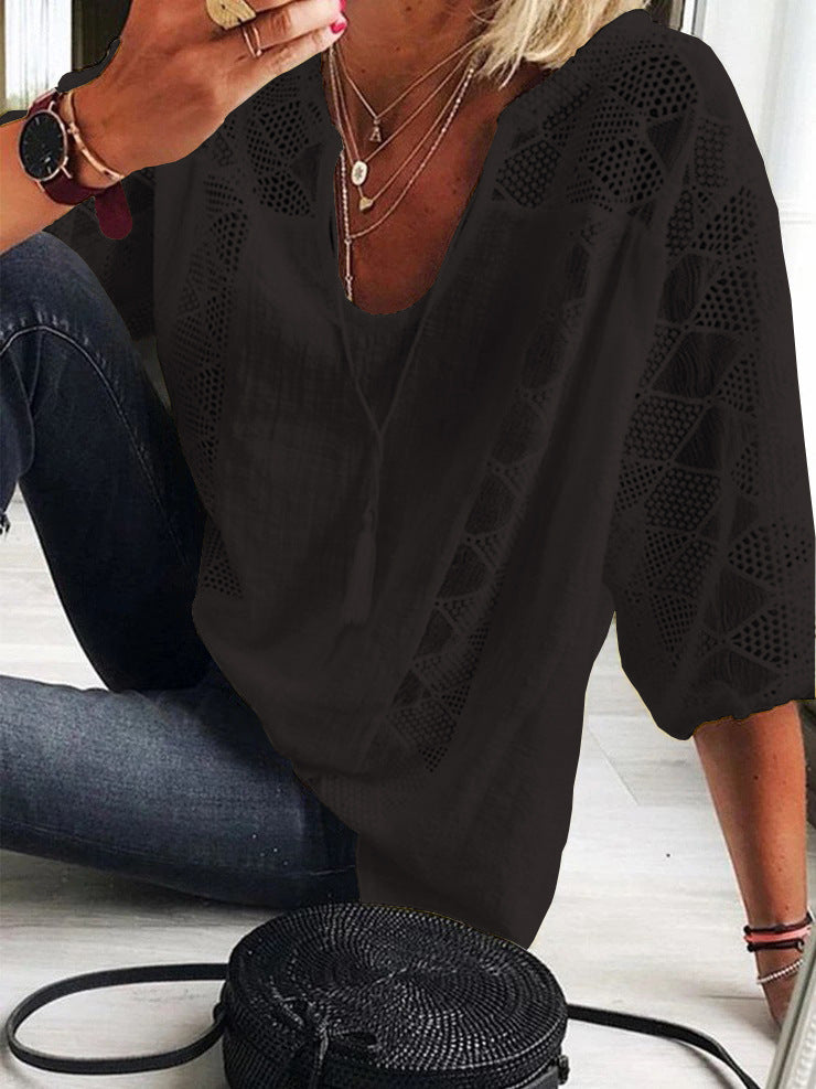 Pullover Loose Lace Stitching U-neck 3/4 Sleeve Top