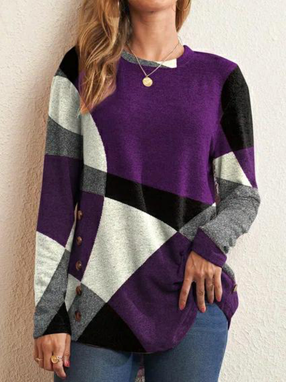 Spring Button Geometric Color Long Sleeve Printed Cotton Blend Loose T-shirt Women's Top