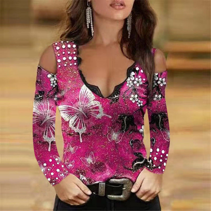 Long Sleeve Sexy Print Cotton Blend V-neck Lace Off-the-shoulder T-shirt