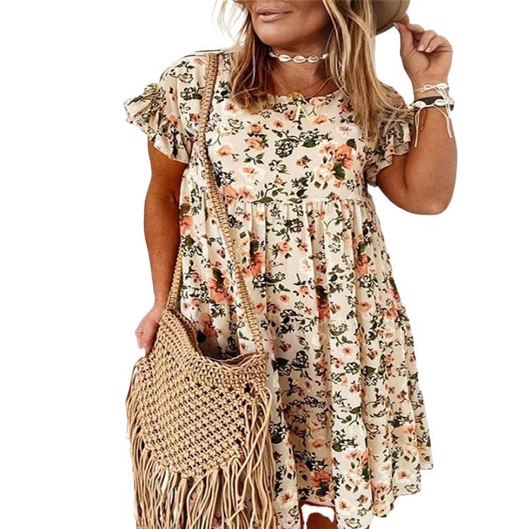 Swing Round Neck Floral Print Short Sleeve Loose Dress