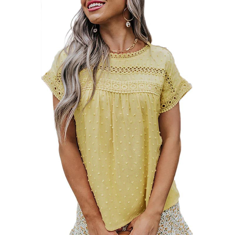Figured Cloth Round Neck Lace Crochet Short Sleeve Casual Top Women's Shirt