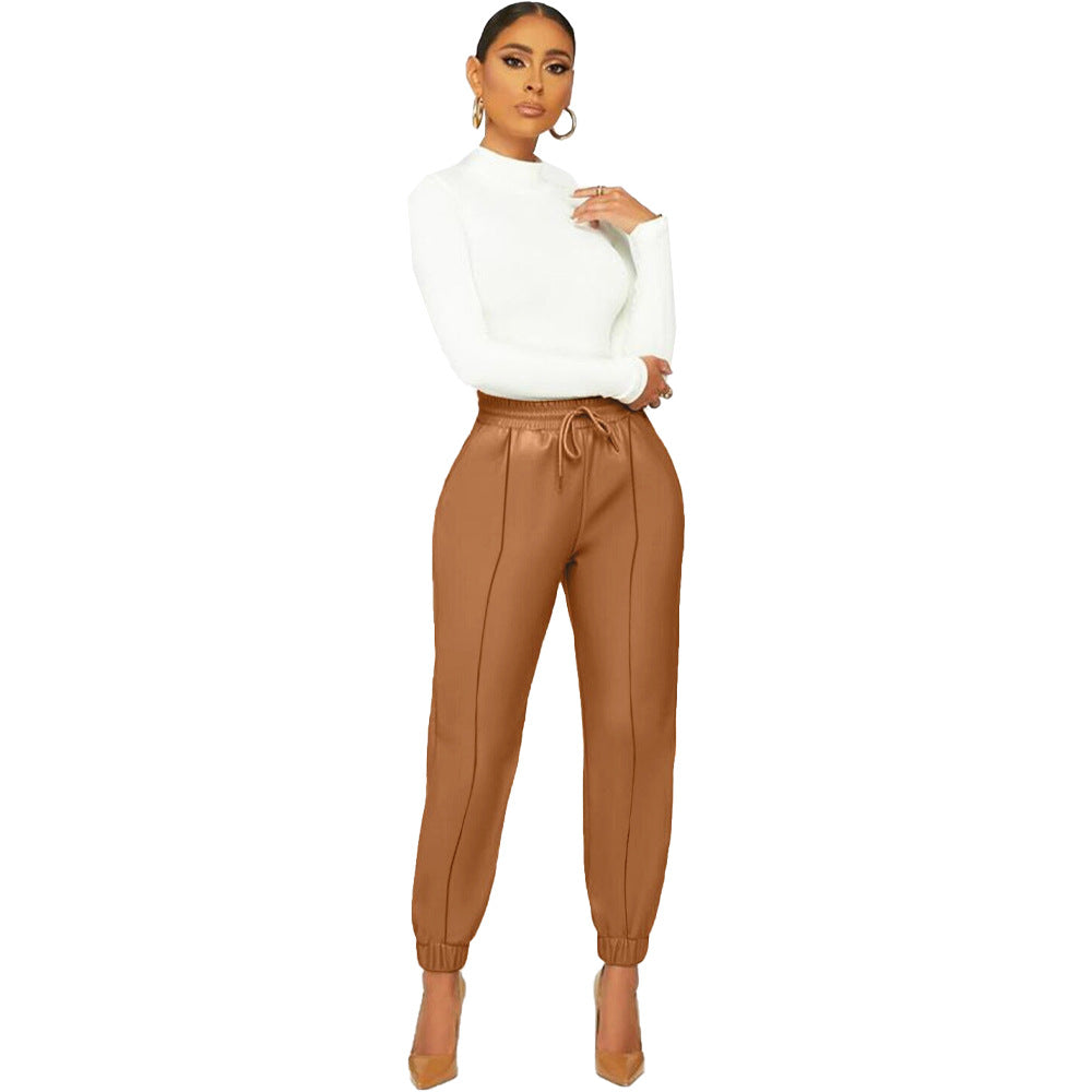 Mid Waist Women's Solid Color Sexy Leather Casual Pants Skinny Leggings